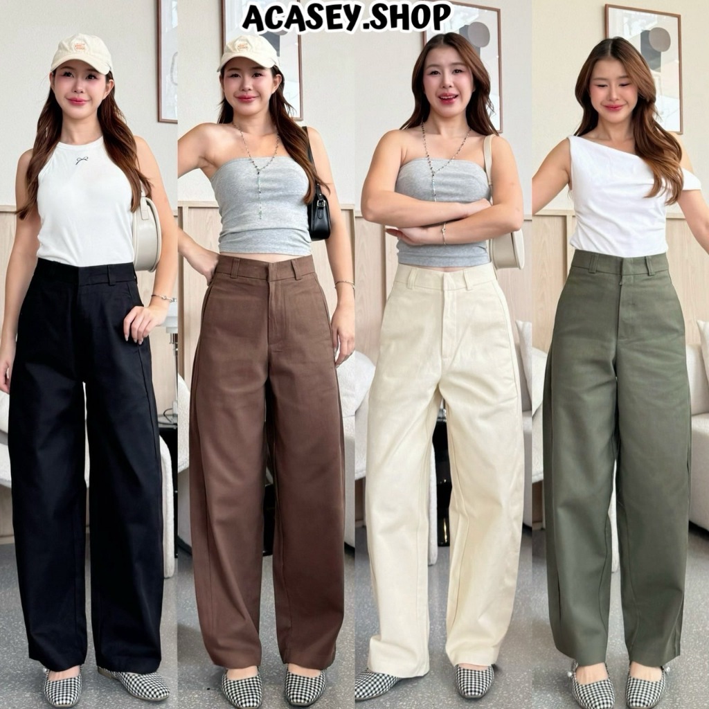 Acasey กางเกงขายาวผู้หญิง เป๋าแปะหลัง ตะขอหน้า ขากว้าง unisex Cotton Pants S-3XL