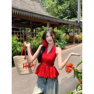 Bentoy(8K186)เสื้อกล้ามแขนกุด สายห้อยคอ หน้าวี สม็อคหลัง แต่งปลายระบายน่ารักมาก