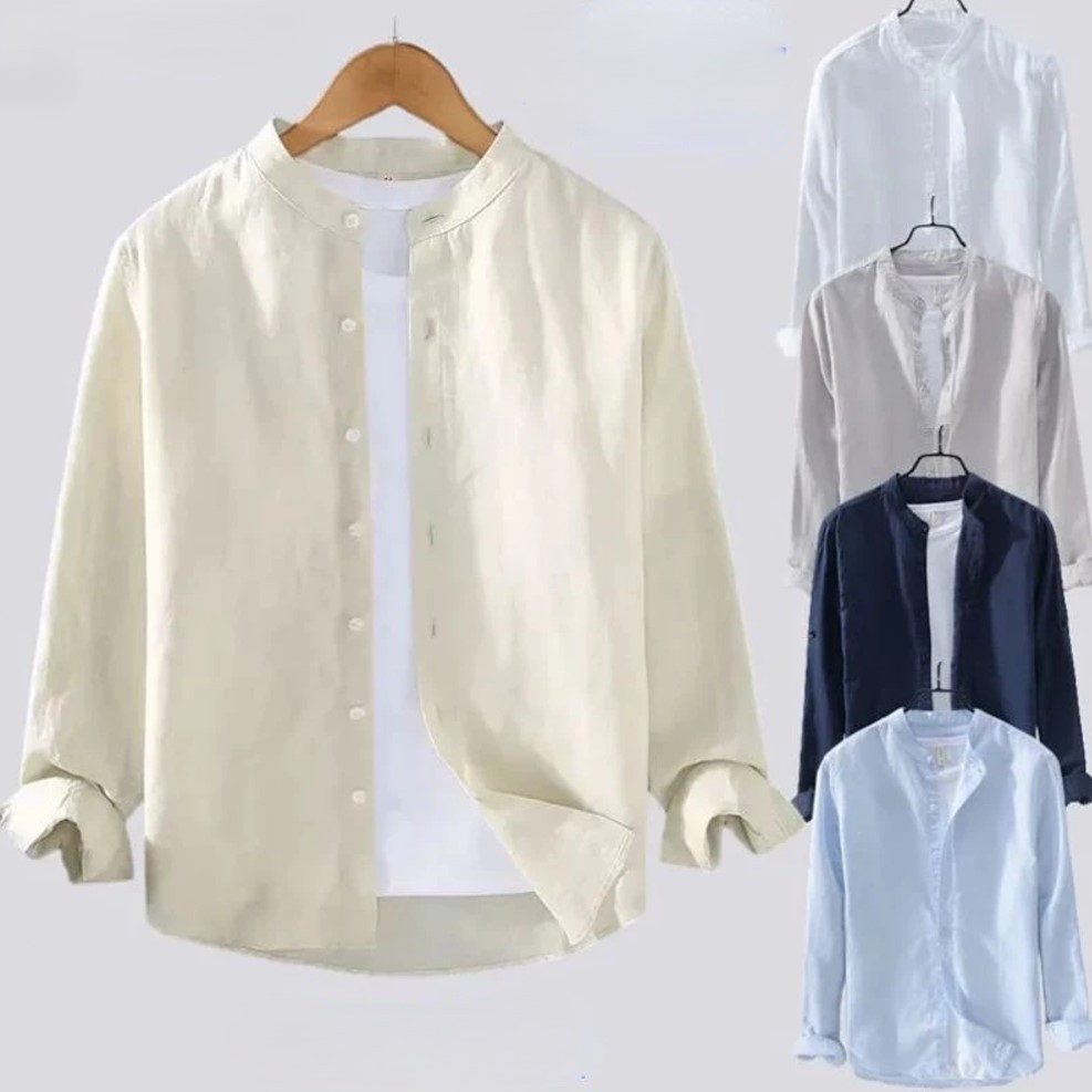 【สต็อกพร้อม】M-3XL เสื้อเชิ้ตแขนยาวผู้ชาย ผ้าฝ้าย และผ้าลินิน ขนาดใหญ่ สีกากี