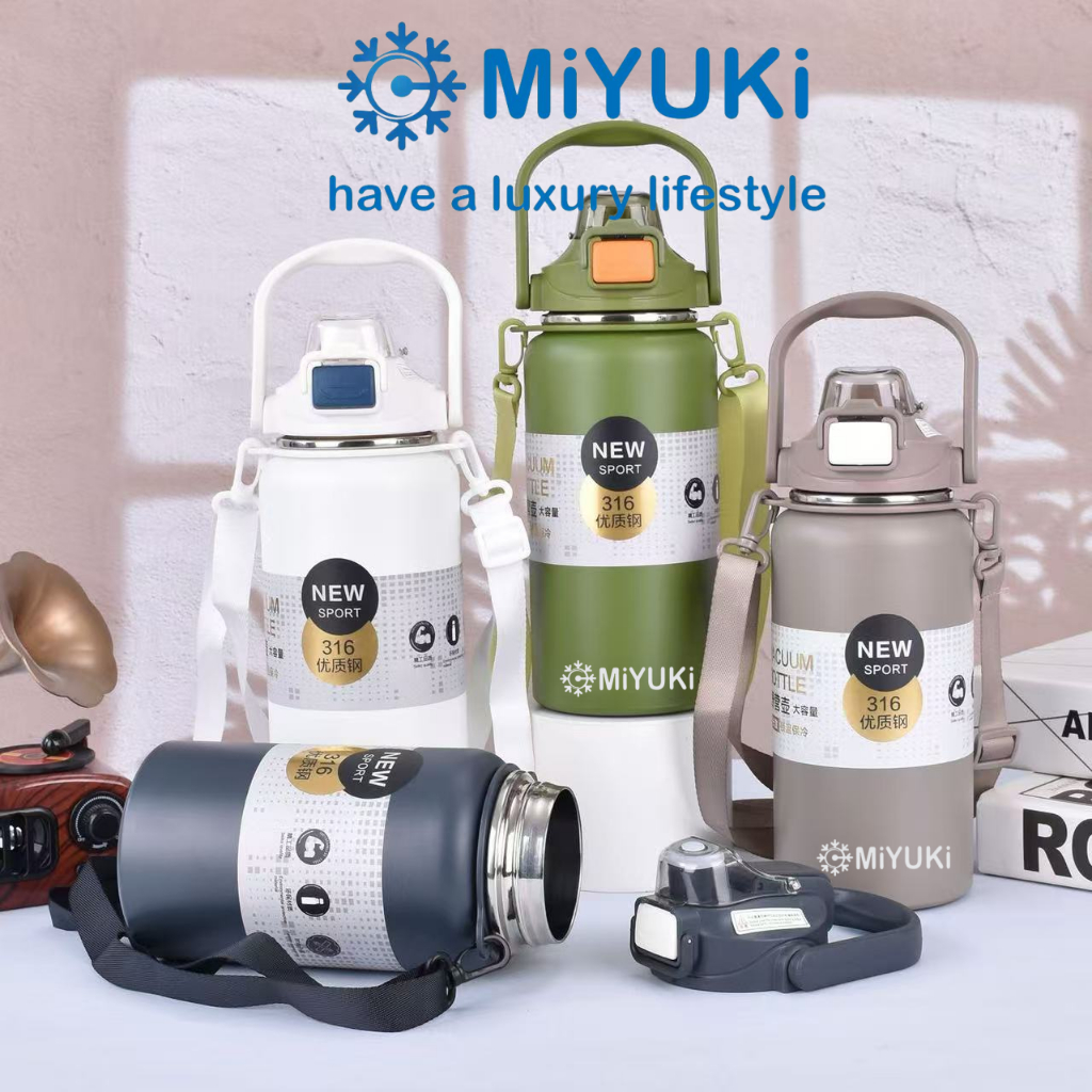 MiYUKi ขวดน้ำพร้อมสายรัด ความจุของถ้วยน้ำ1000ml/1300ml ถังด้านในทำจากสแตนเลส 316 จัดส่งจากกรุงเทพฯ