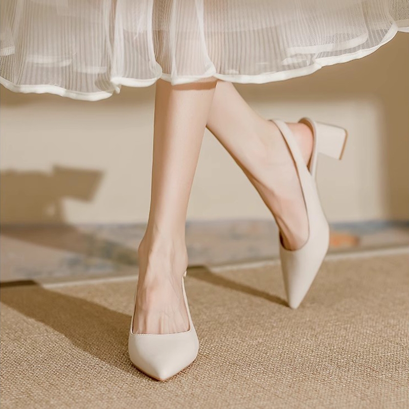 [LS] เกาหลีสไตล์ใหม่สีเบจส้นสูงรองเท้าแตะผู้หญิงใส่สบายหัวแหลมสํานักงานรองเท้า - รูปที่ 2