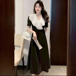สินค้าพร้อมส่ง เดรสยาว oversize แฟชั่นสไตล์เกาหลี คอระบาย แขนสั้น ทรงเอ ช่วยพรางหุ่น เดรสแฟชั้นผู้หญิง ชุดเดรส ไป ทะเล