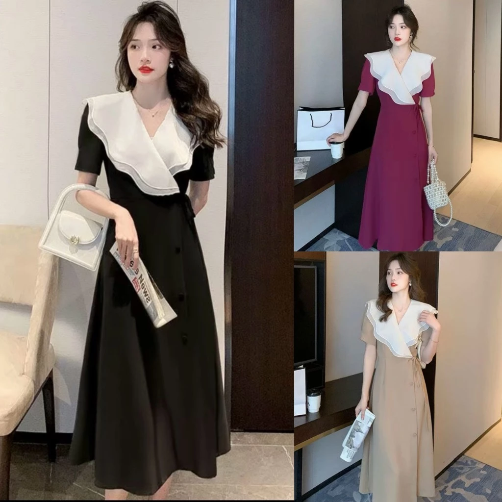 สินค้าพร้อมส่ง เดรสยาว oversize แฟชั่นสไตล์เกาหลี คอระบาย แขนสั้น ทรงเอ ช่วยพรางหุ่น เดรสแฟชั้นผู้หญิง ชุดเดรส ไป ทะเล