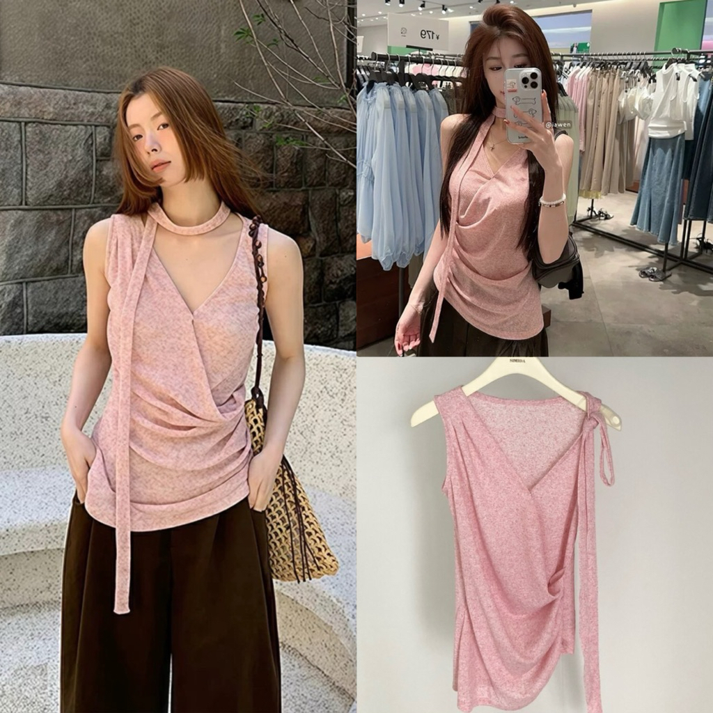 9371# เสื้อแขนกุด คอวี มีสายไขว้คอ เนื้อผ้าดี ทรงสวย  TAG: SIMIDA 🇰🇷