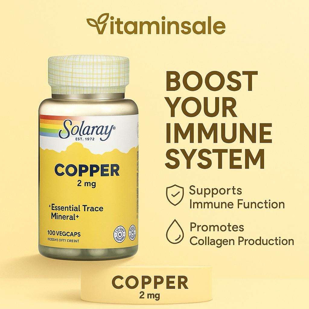 Solaray Copper 2mg 100 แคปซูล ดูแลผิว ผม เม็ดเลือด เสริมแร่ธาตุจำเป็นต่อร่างกาย