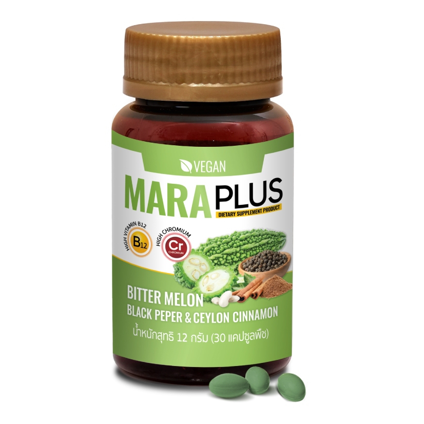Maraplus มะระพลัส 1 กระปุก บรรจุ 30 เม็ด ซอฟเจล ผลิตภัณฑ์เสริมอาหาร ภาพแสดงสลากหน้าหลังรอบกระปุก มะระ หมดอายุ 2028