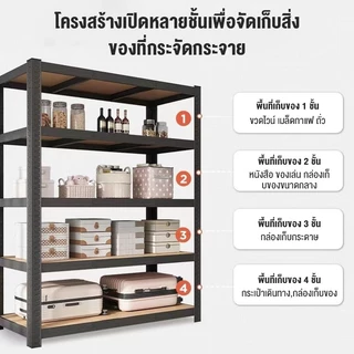 ชั้นวางของเหล็ก โครงเหล็กทั้งหมดสามารถรับน้ำหนักได้ 800 กิโลกรัม มีห้าชั้นแต่ละชั้นสามารถปรับความสูง