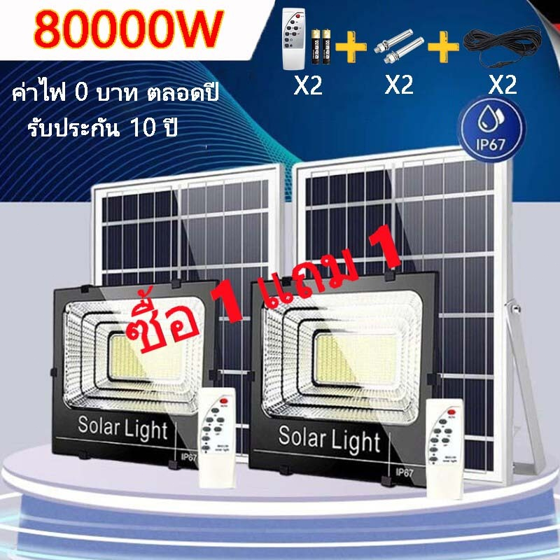 💡ซื้อ 1 แถม 1💡 ไฟโซล่าเซลล์ ไฟโซล่าเซล 80000W โซล่าเซลล์ แสงสีขา กันน้ำ กันฟ้าผ่า IP67 ไฟกลางแจ้งพลังงานแสงอาทิตย
