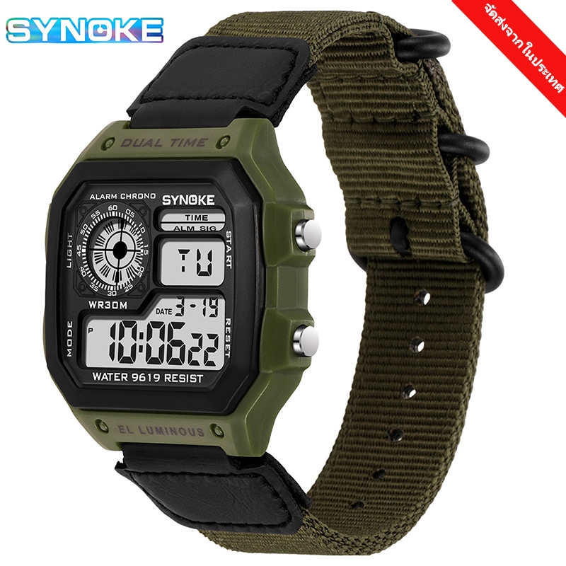 SYNOKE นาฬิกาผู้ชายสายไนลอนหรูหราแฟชั่นกันน้ํานาฬิกากีฬานาฬิกาดิจิตอลสําหรับผู้ชาย