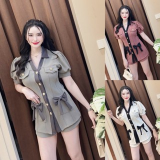 สินค้าพร้อมส่ง ชุดเซตสั้นผ้าวูลเวฟ เสื้อทรงยาวคอปกแขนตุ๊กตาก…