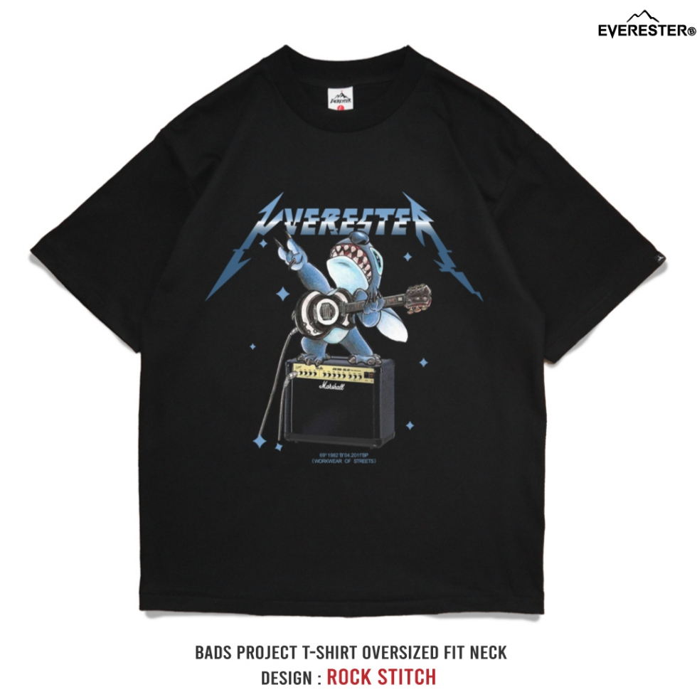 EVERESTER เสื้อยืด เสื้อคอฟิต Heavy Cotton เสื้อผู้ชาย Oversize Rock Stitch ดำ เสื้อผ้าผู้ชาย EXP