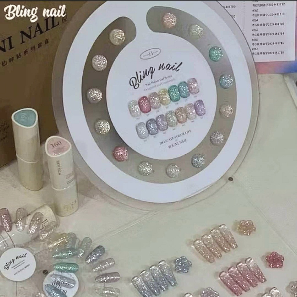 เซตสีเล็บเจลจีน🇨🇳 ROUNI Nail Bling glitter gel 14 สี พร้อมชาร์ตสีสำเร็จรูป พร้อมส่ง