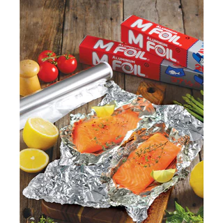 อลูมิเนียมฟอยล์ เอ็ม ฟอยล์ ยี่ห้อ M Foil ขนาด 30 ซม. x ยาว 25 ฟุต. และ หน้ากว้าง 45 ซม.x ยาว 37.5 ฟุต.