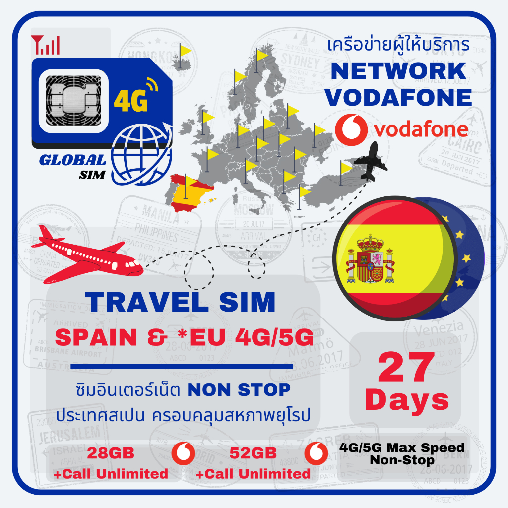 【The Global SIM】Spain SIM ซิมสเปนและสหภาพยุโรป 27Days 4G/5G Max speed non-stop