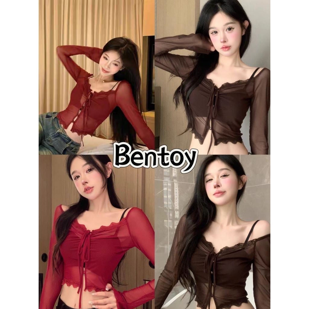 Bentoy(556)เสื้อครอป เสื้อคลุมแขนยาวรัดรูป ผ้าซีทรู ตัดขอบลูกไม้ ติดกระดุม​ ทรงสวย สาวสวย สาวเซ็กซี่ห้ามพลาด