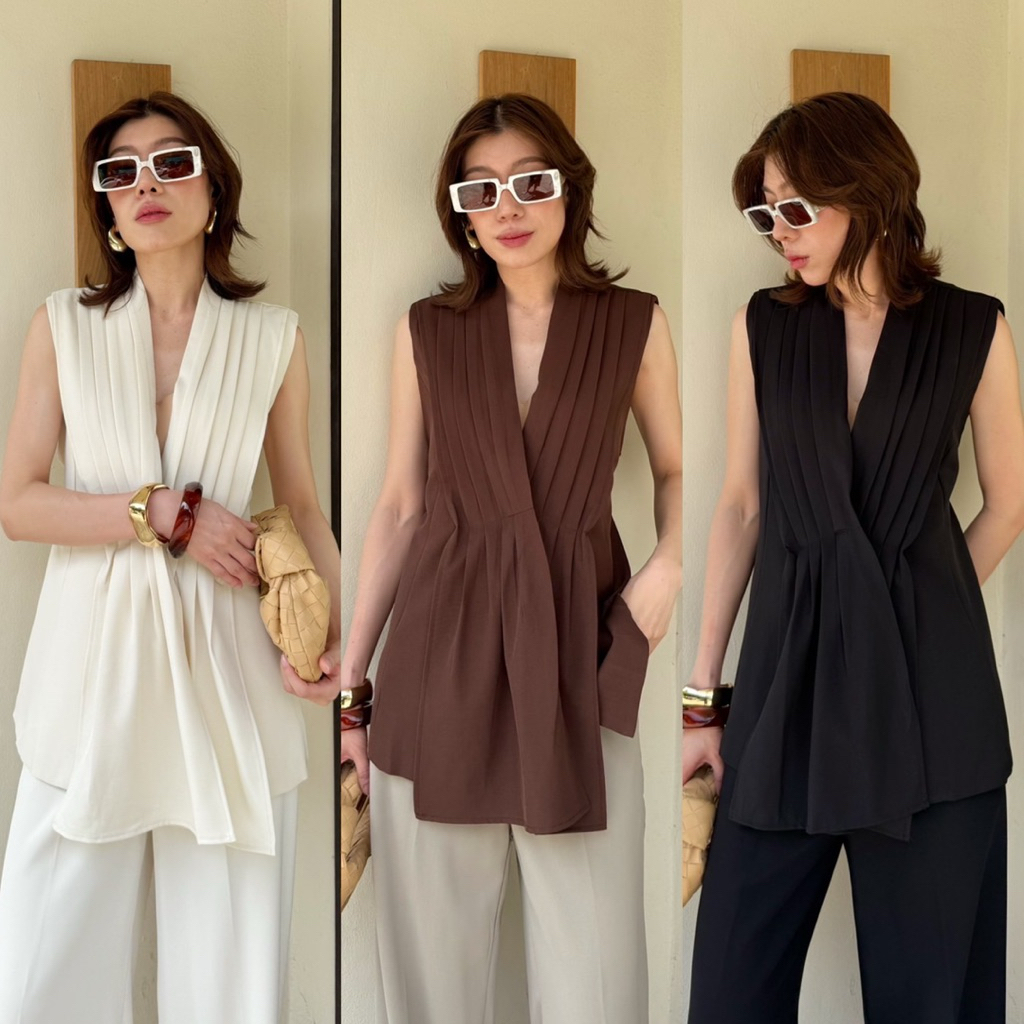 📌📌 พร้อมส่ง ครบสี PLEATED VNECK SUIT BLOUSE #1039 x2 เสื้อคอวีแขนล้ำ เสื้อแขนกุด คลุม สูท ทรงสวย ออกงาน ทำงาน