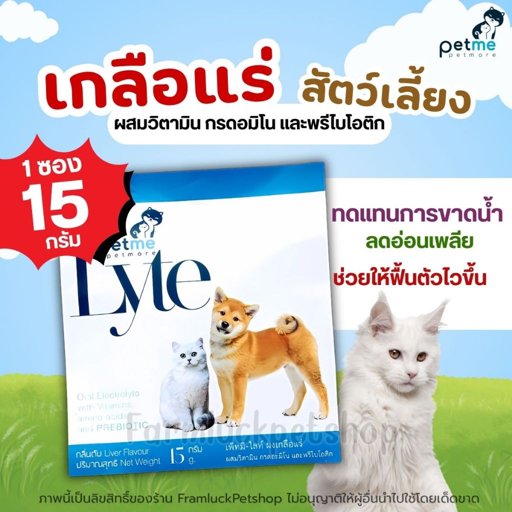 (1ซอง) เกลือแร่สัตว์เลี้ยง ผสมวิตามิน โปรตีน กรดอะมิโน พรีไบโอติก Petme Lyte ช่วยให้ฟื้นตัวเร็วขึ้น