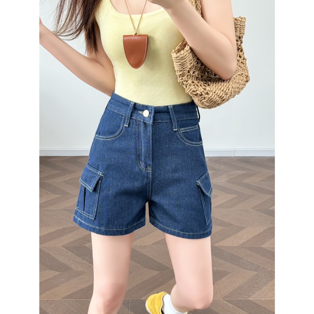 S-5XLกางเกงยีนส์ขาสั้นทรงคาร์โก้ เอวสูงเหนือสะดือ นื้อผ้ายีนส์ไม่ยืด - รูปที่ 7