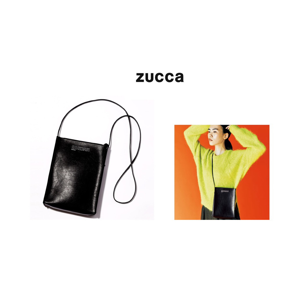 ZUCCA กระเป๋าสะพายใบกลาง ทรง phone ใช้ crossbody เป็นหนัง pu สีดำ ปากซิป ทรงกล่อง ปั๊มโลโก้สีเงิน มื