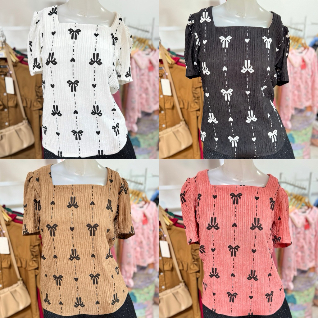 เสื้อผ้าทอฟฟี่ เสื้อผ้าเปลือกไม้ เสื้อผ้าผู้หญิง คอเหลี่ยมแขนสั้นลายโบว์ อก32-44 ยาว23 นิ้ว