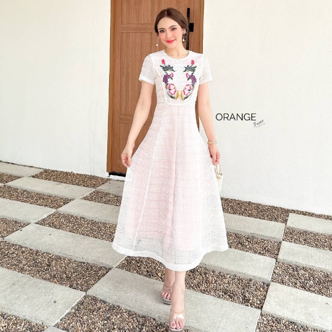 OR21795 เดรสลูกไม้ สีอมชมพู ปักลายช่วงหน้าอกงานสวยปักแน่นๆ