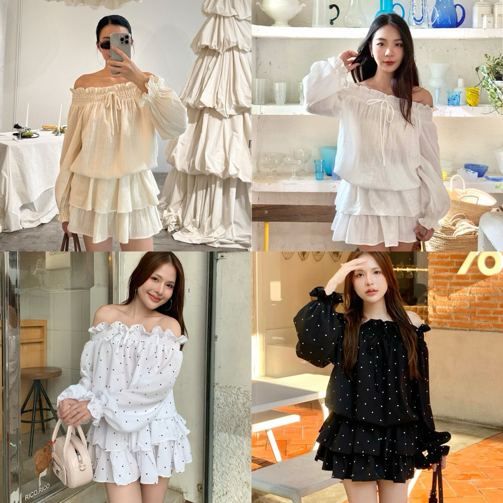 𝐂𝐇𝐀𝐑𝐌𝐈𝐍𝐆 𝐃𝐑𝐄𝐒𝐒 🫧🥨ชุดเดรสเสื้อปาดไหล่งานกระโปรงระบาย2ชั้นผ้าดับบี้ น่ารักมากดีเทลสวยตะโกน ใส่แบบคุณหนูติดแกรม