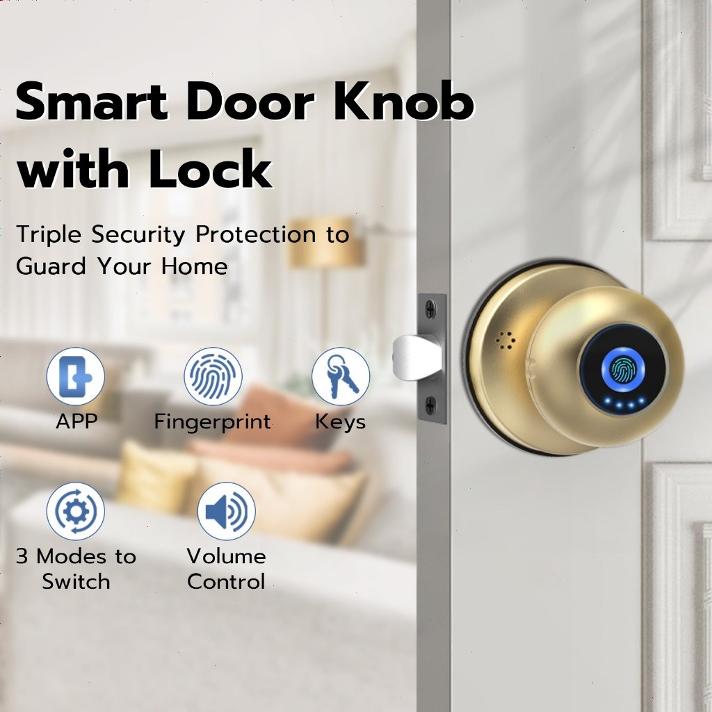 ล็อคประตูลายนิ้วมือ ลูกบิดประตูอัจฉริยะ ล็อคประตูลายนิ้วมือ Smart Lock Knob ปลดล็อกด้วยลายนิ้วมือสมาร์ทโฟนและกุญแจ