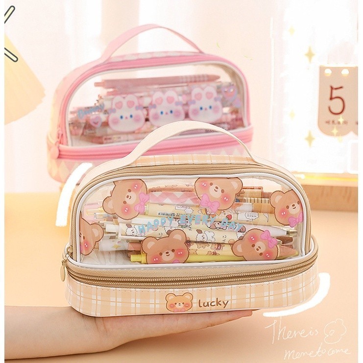 กระเป๋าดินสอ PVC แบบใส สองชั้น เรียบง่าย และน่ารัก สร้างสรรค์ สําหรับใส่เครื่องเขียน กล่องอุปกรณ์การเรียน - รูปที่ 2