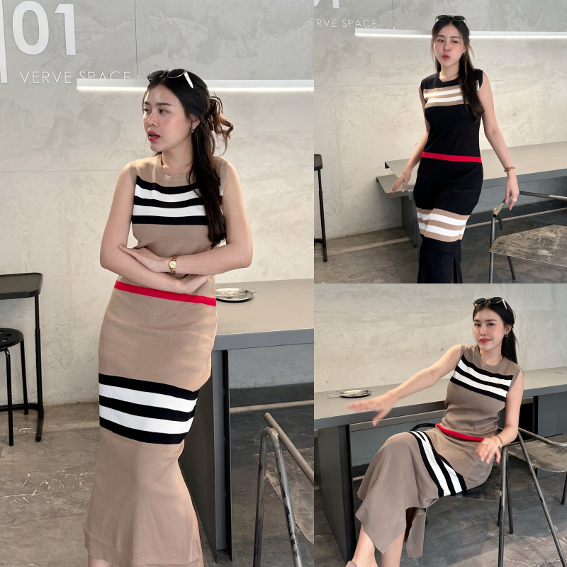 แม๊กซี่เดรส ผ้าไหมพรม ผ้ายืดตามตัว แต่งขอบลายคาดเส้นสลับสี เดรสทรงคอกลมแขนกุด แต่งผ่าข้าง รุ่น วันหยุด