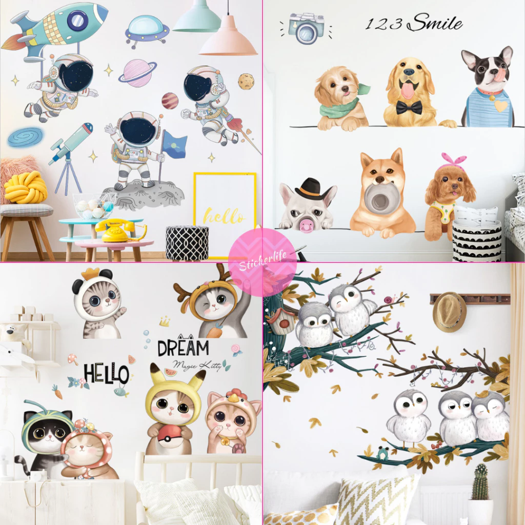 สติ๊กเกอร์ลายการ์ตูนติดผนัง สติกเกอร์สัตว์ sticker สติ๊กเกอร์กล้องเด็ก ลายหมา ลายแมว ไดโน ดาวเคราะห์