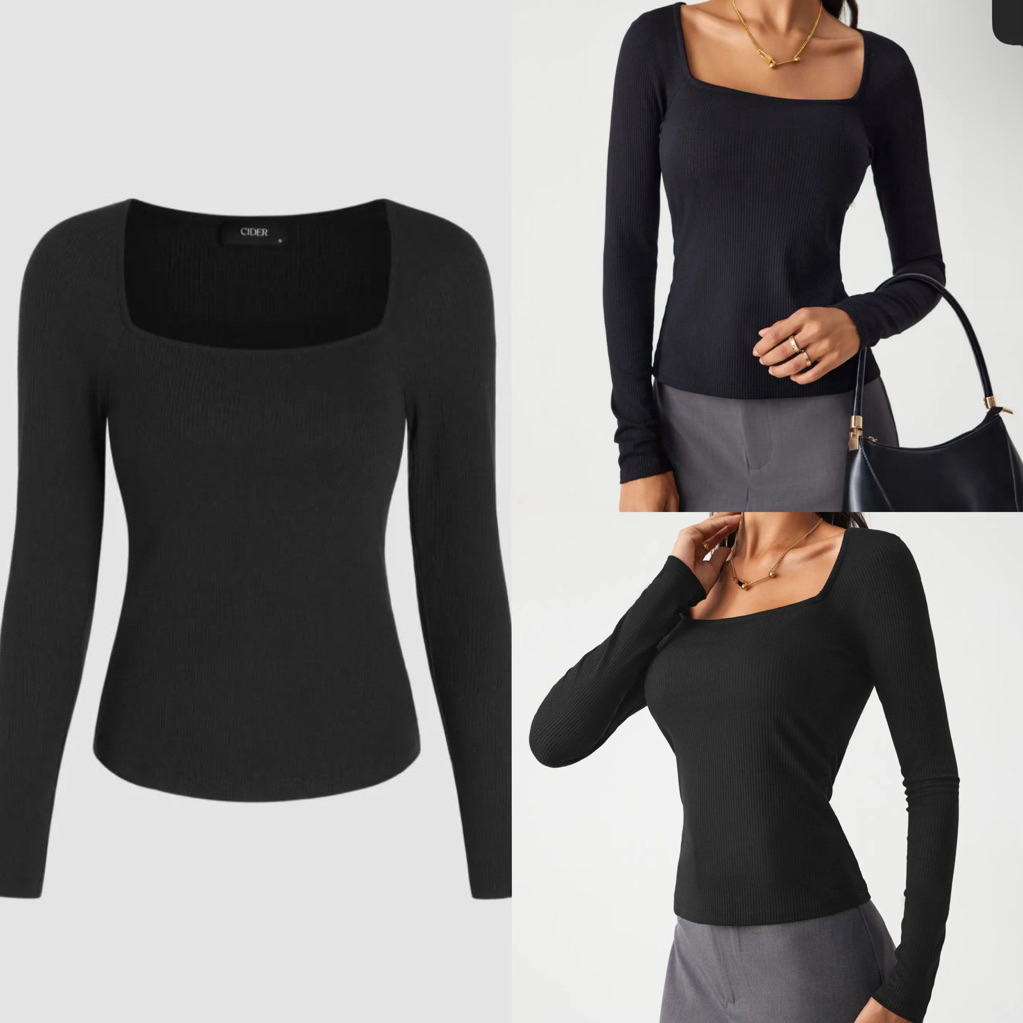 เสื้อครอปแขนยาว ผ้าร่อง คอเหลี่ยม cider