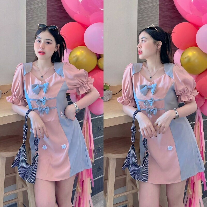 เดรสแขนพองอกติดโบว์ TT15163