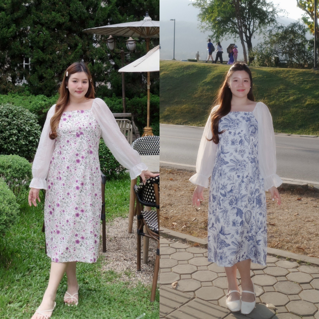 (❤️อกถึง 50") Cacia Blue Dress เดรสสาวอวบ ชุดสาวอวบ