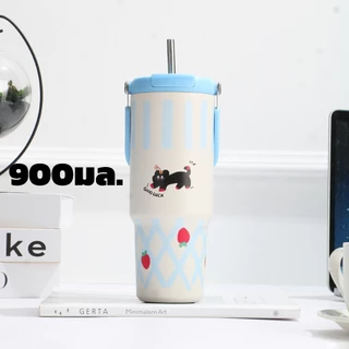 แก้วเก็บความร้อนพกพาสแตนเลส 304 ขนาด 900 มล. ขวดน้ำสแตนเลส 304 ลายการ์ตูนสัตว์ รุ่นอัพเกรดป้องกันฝุ่นและความจุขนาดใหญ่