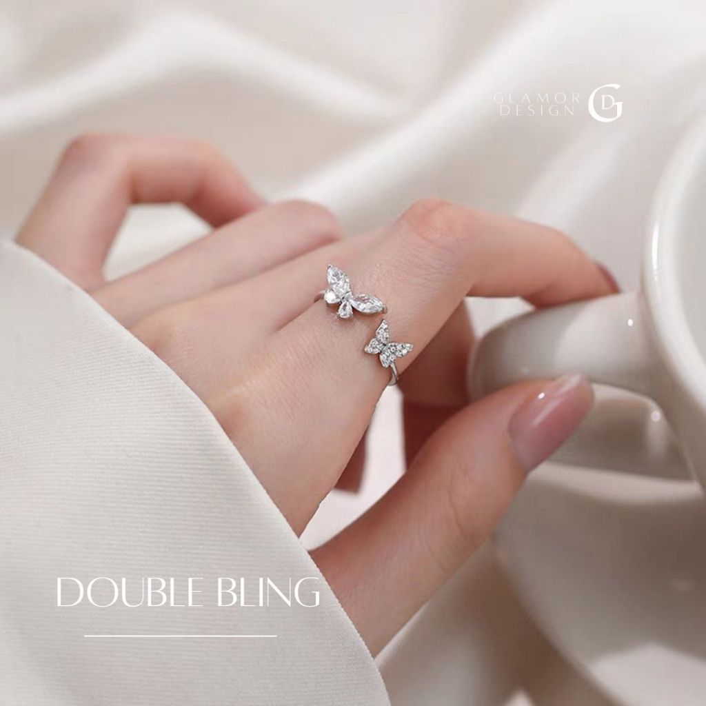 GLAMOR✨แหวนเงินแท้ Double Bling แหวนผีเสื้อ แหวนปรับขนาด เงินแท้ 925 ไม่หมอง ไม่ก่อการระคายเคืองผิว