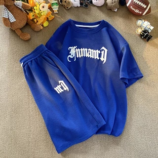 ชุดเด็กชายแขนสั้น เสื้อยืด + กางเกงขาสั้น ลายพิมพ์ตัวอักษร กีฬา ระบายอากาศดี