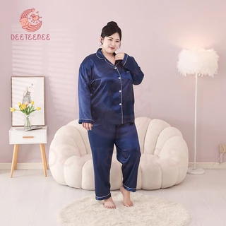 deeteenee ชุดนอนสีพื้น ชุดนอนผู้หญิง Plus Size ชุดนอนคู่ ชุดนอนบิ๊กไซส์ แขนยาว+ขายาว ผ้าซาติน ผ้าเย็นใส่สบาย