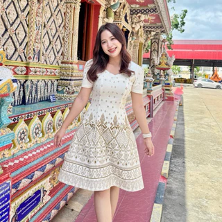 เดรสผ้าไทย ชุดงานบวช ผ้าฝ้ายอัดกาวอย่างดี by Raphee