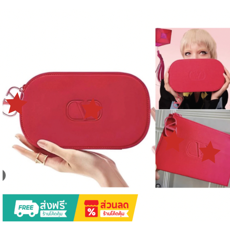 กระเป๋าใส่แปรงสีแดงหรูหรา กระเป๋าเครื่องสำอาง NEW! Valentino Logo Red Cotton Canvas  Makeup Pouch Co