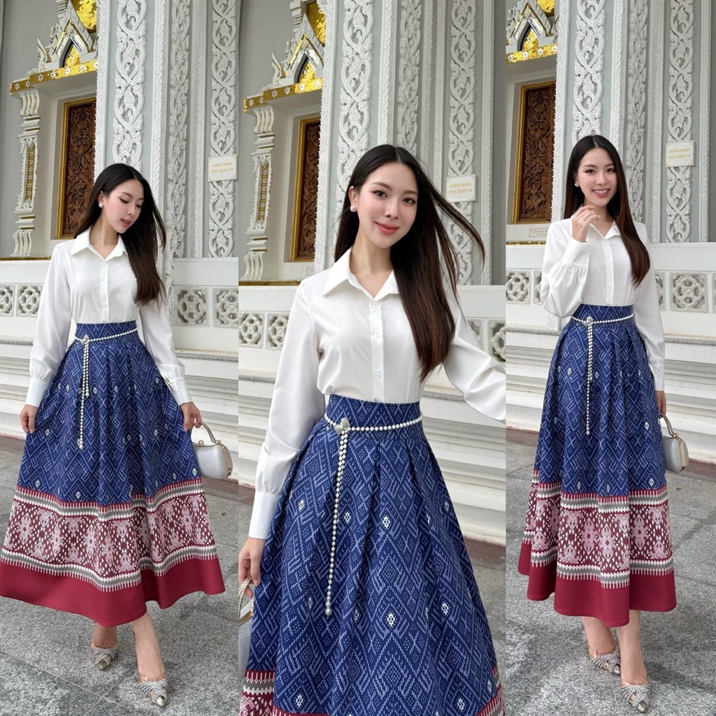 Set 3 ชิ้น เสื้อเชิ้ตแขนยาว คอปก กระดุมหน้า ใส่แมทซ์กับกระโปรงยาว พิมพ์ลายไทยทั้งตัว ดีเทลแต่งจับจีบบานออก มีซิปหลัง