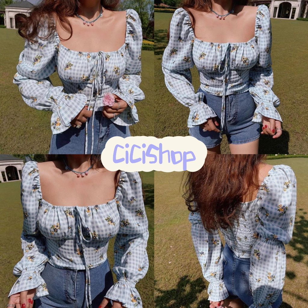 Cicishop(J2136) เสื้อแขนยาวสม็อคหลัง แขนตุ๊กตา เชือกด้านหน้ารูดได้ พิมพ์ลายตาราง ดอกไม้น่ารักๆ