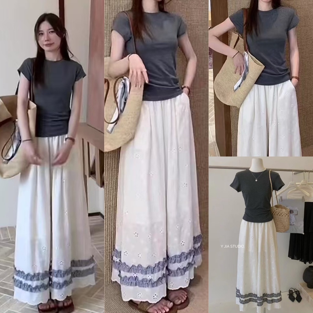 🧡🧵 🇰🇷 9167 gซ็ท 2 ชิ้น เสื้อยืดแขนสั้นคอกลม สีเทาเข้ม มาพร้อมกางเกงขายาวเอวสม็อคTAG YJIA 🧵🧡