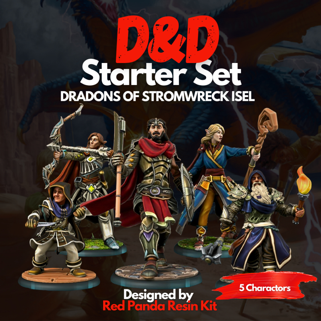 DnD Starter Set - 5 Miniatures ( Unofficially - ออกแบบโดย Red Panda Resin Kit ) งานเรซิ่นสีเทา ฐาน 1