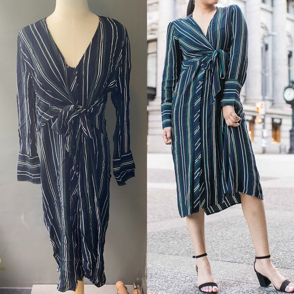 USED Zara pinstriped tie front dress size L มือสอง