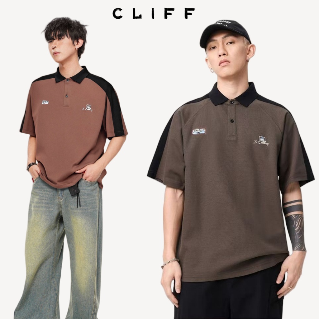 CLIFF เสื้อโปโล เสื้อยืดแขนสั้น คลาสสิก สไตล์อเมริกันวินเทจ สีต่อ แฟชั่นยอดนิยม