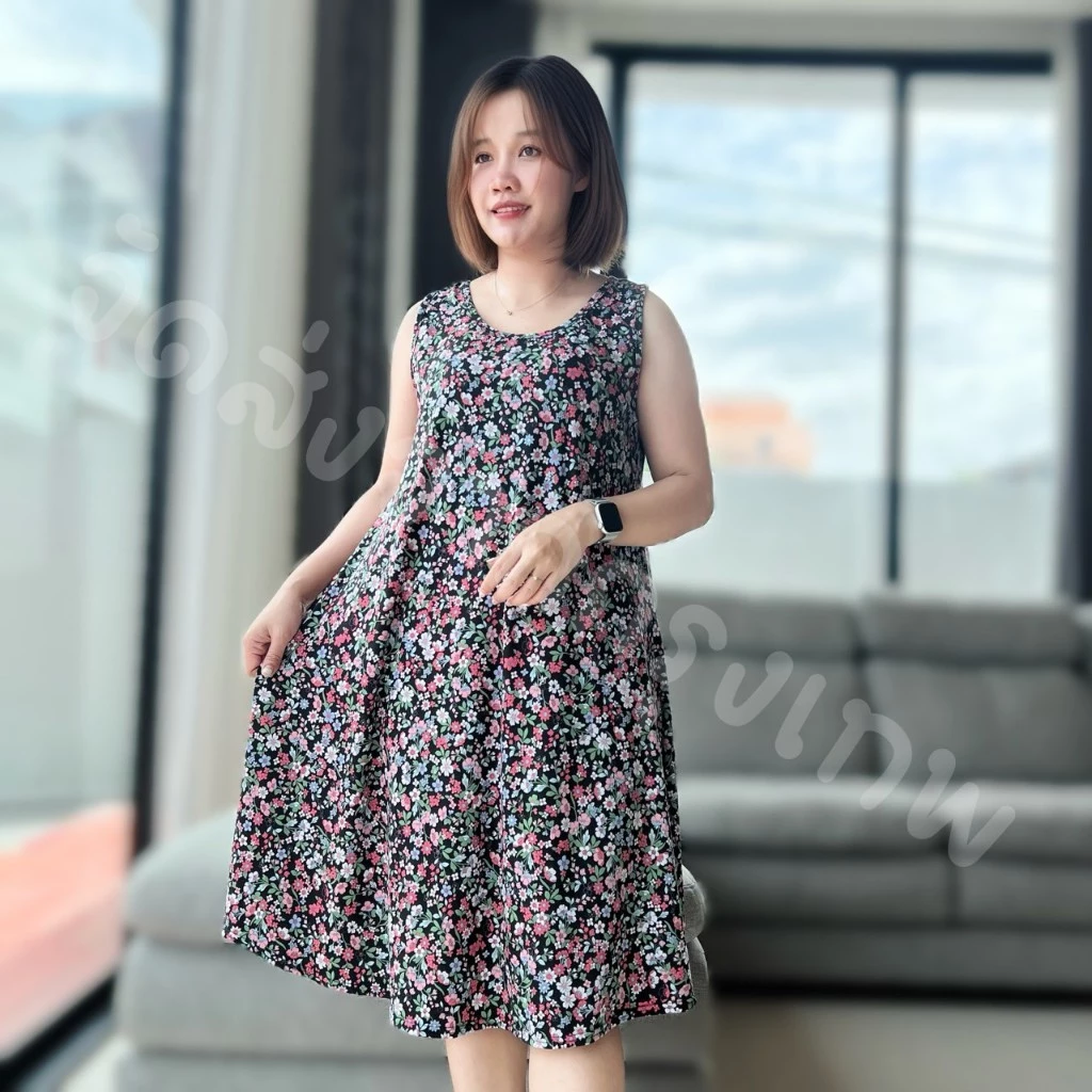 ชุดกระโปรงยาวแขนกุด ผ้านุ่มเด้ง ยืดได้เยอะ อกได้ถึง 50 นิ้ว ใส่สบาย จัดส่งจาก กทม.
