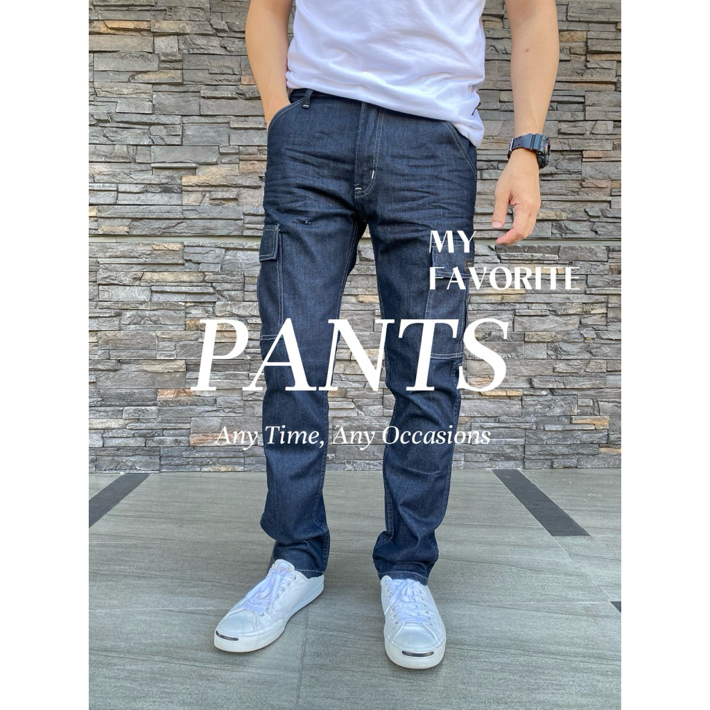JEANSEXPRESS WMSlimFIT Cargo กางเกงยีนส์คาร์โก้ชาย ทรงสลิมฟิต สีมิดไนท์บลูเข้ม กระเป๋าข้าง เป้าซิป Size 28-36