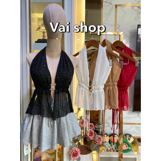 เสื้อแหวกอก คล้องคอผ้าซีทรูติดเพชร โชว์หลัง งานสวยหรูดูดี LB 24 Vaishop