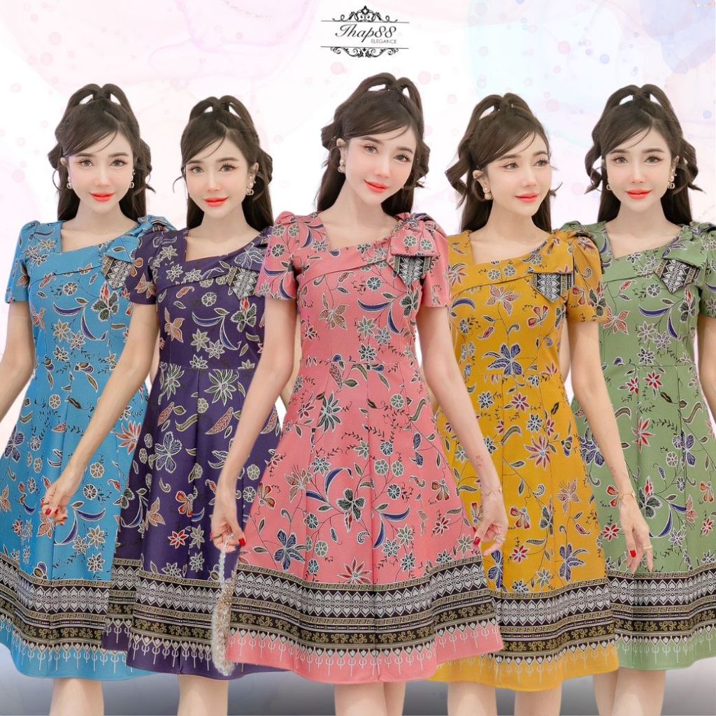 TG60 ชุดเดรส ผ้าไหมญี่ปุ่นพิมพ์ลายปาเต๊ะใส่ได้หลายโอกาส ทรงสวยแพทเพริน์เป๊ะ มีปลายทาง