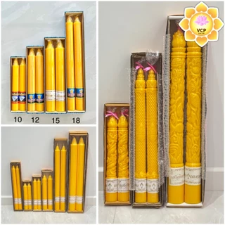 เทียนคู่เหลือง (เทียนพรรษา) กลมเรียบ/แกะลาย ขนาด10นิ้ว/12นิ้ว/15สั้น/18นิ้ว/15ยาว/#5/#6